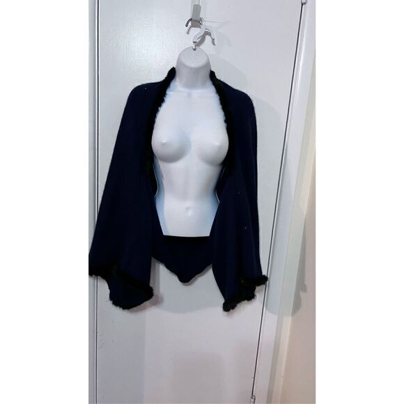JOCELYN BLUE ANGORA RABBIT FUR TRIM SWEATER SHAWL CAPE  SCARF W/ SLEEVES SIZE M - Picture 12 of 15